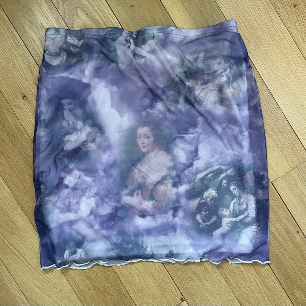 ZAFUL Mesh Ruched Renaissance Print Bodycon Skirt - Size 8 - Picture 4 of 10